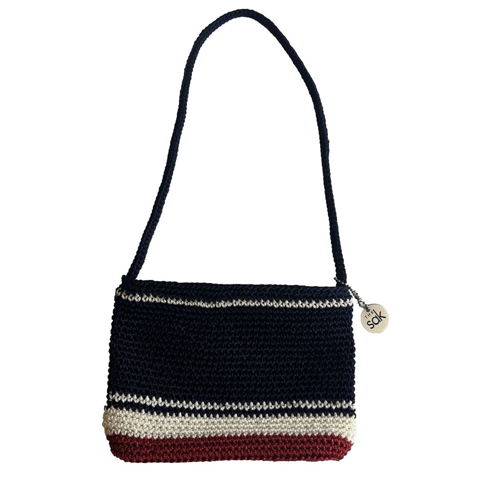 The SAK Mini Bag 8" x 5" Red White Blue Crochet Shoulder Handbag Zip Charm USA